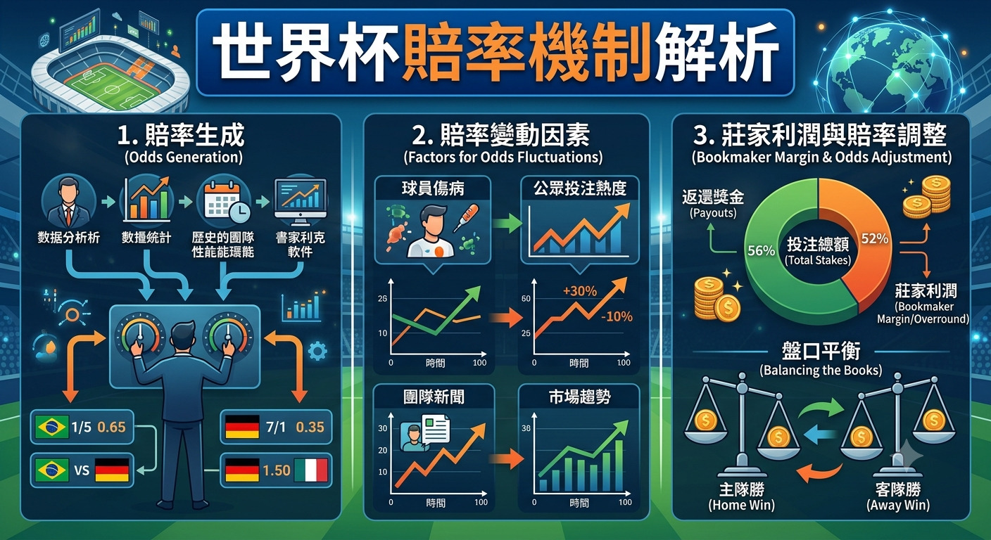 這張資訊圖表以「世界盃賠率機制解析」為題,詳細拆解了賠率生成、波動因素及莊家利潤與盤口平衡的運作邏輯。 透過數據分析、市場趨勢與風險控制的視覺化呈現,系統性地解釋了博彩機構如何計算並調整賠率以確保獲利。