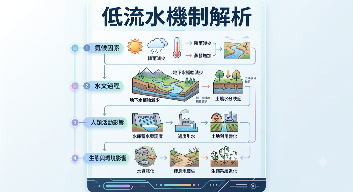 這是一張呈現「低流水機制解析」的資訊圖表,透過流程圖展示氣候、水文、人類活動對生態環境的影響。 圖中以清晰的步驟說明了從降雨減少、水文循環改變到最終導致生態系統退化的關聯過程。