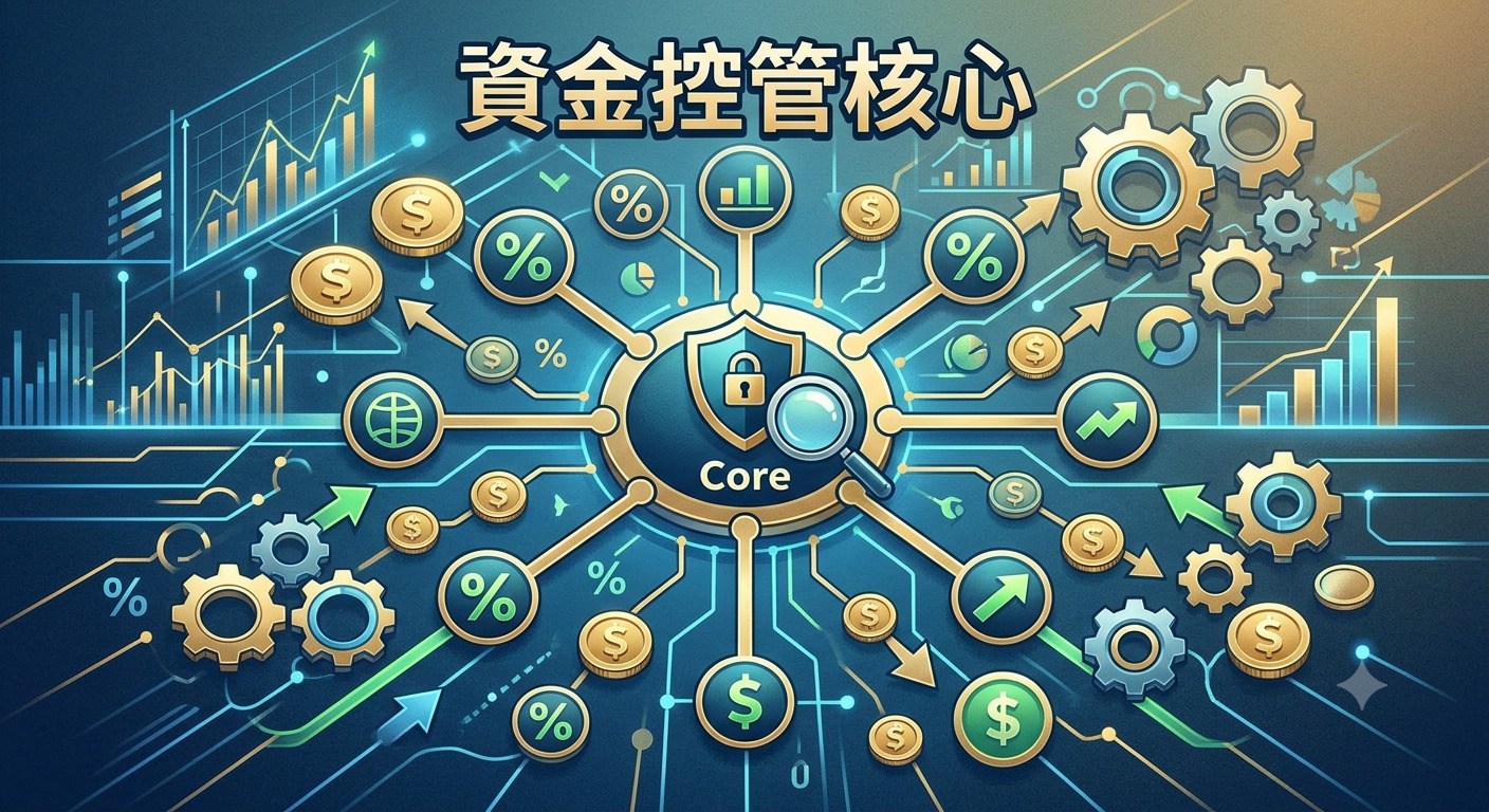 這是一張以「資金控管核心」為主題的科技風格圖像,中心設有帶鎖的防護盾牌,象徵財務安全。 周圍環繞著貨幣符號、百分比與齒輪圖示,透過連結線連接至中央,展現系統化控管金融風險的專業意象。