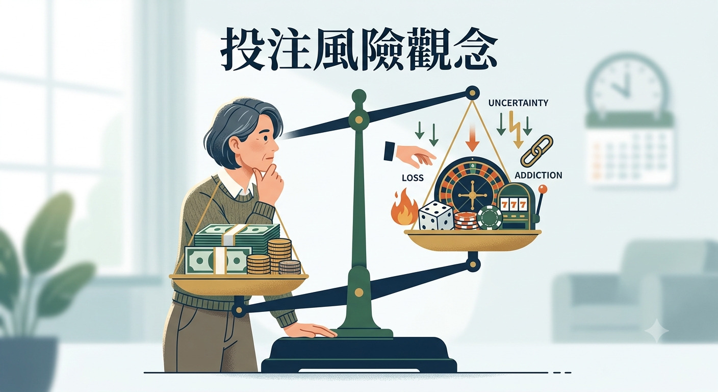 這張圖片展示了一個人在天秤前深思,一端放著金錢,另一端則承載著賭博工具與風險要素。 它直觀地表達了在面對投注時,理性評估潛在損失與成癮風險的重要性。