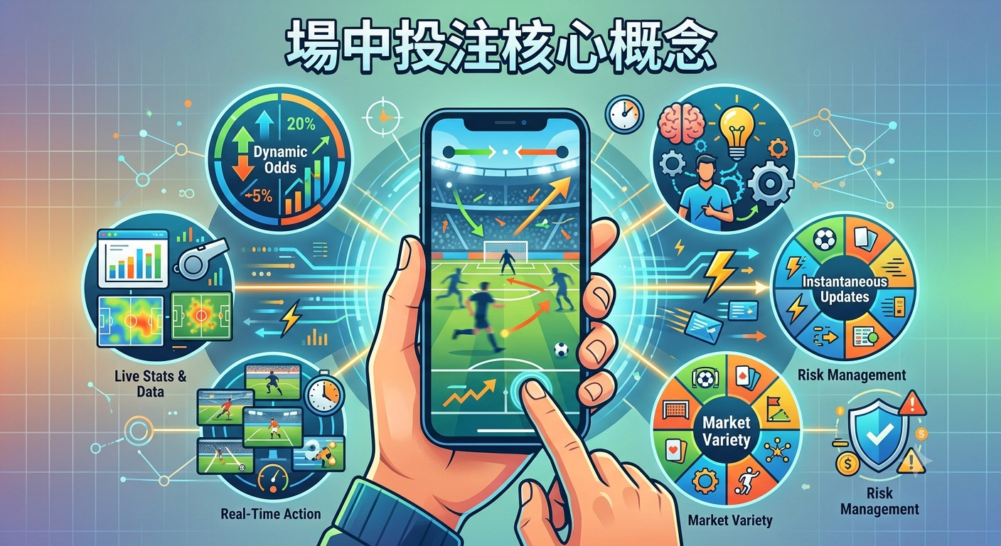 這張圖片以「場中投注核心概念」為標題,展示了一隻手拿著手機觀看即時足球賽事,並透過周圍的圖示呈現動態賠率、即時數據、市場多樣性及風險管理等核心元素。 整體畫面以資訊圖表風格呈現,強調在比賽過程中進行即時分析與決策的現代投注體驗。
