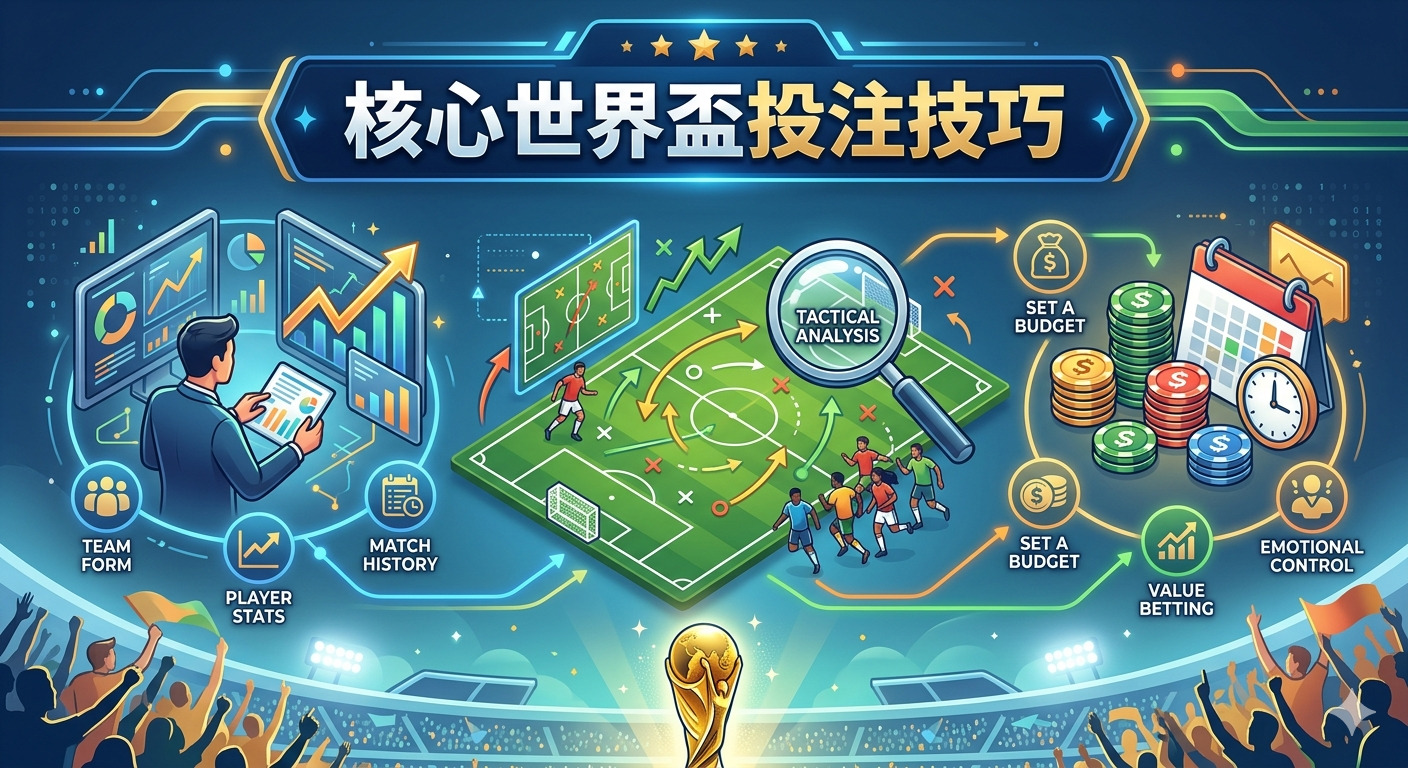 這張圖片以「核心世界盃投注技巧」為標題，展示了賽事分析數據、戰術佈局及資金管理等專業投注策略。 透過球場分析與心態控制的視覺化呈現，強調在世界盃賽事中進行理性與系統化投注的重要性。